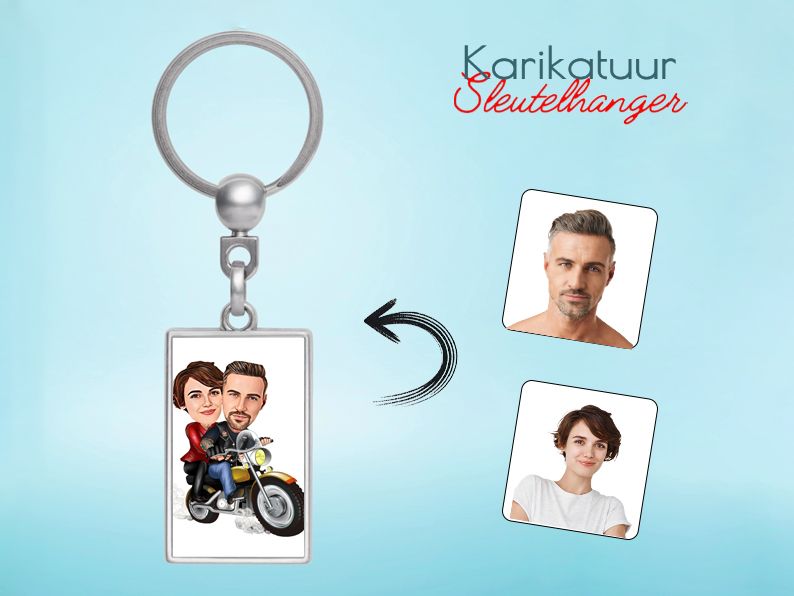 Gepersonaliseerde karikatuur sleutelhanger met een motor-thema. Origineel cadeau voor motorrijders en avontuurzoekers. Gepersonaliseerd origineel cadeau.