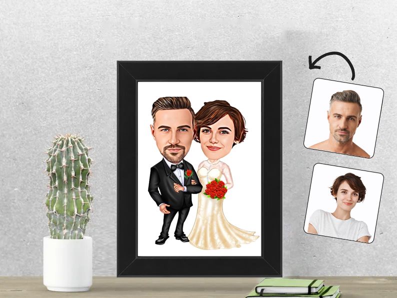 Gepersonaliseerde karikatuur van een stel in bruiloft, afgedrukt in een 13x18 cm fotolijst. Perfect cadeau voor bruidsparen en huwelijkscadeaus. Gepersonaliseerd origineel cadeau.