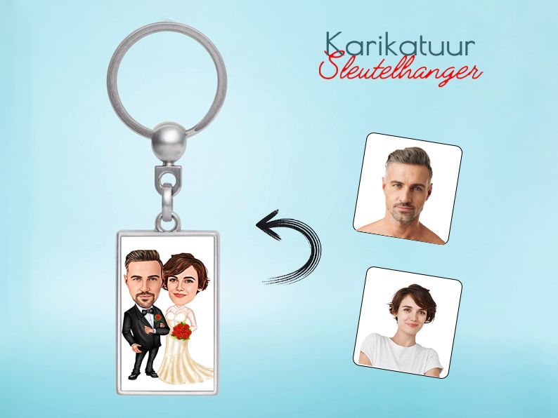 Gepersonaliseerde karikatuur sleutelhanger met een bruiloft-thema. Origineel cadeau voor bruidsparen en huwelijkscadeaus. Gepersonaliseerd origineel cadeau.