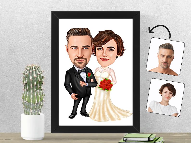 Gepersonaliseerde karikatuur van een stel in bruiloft, gedrukt in een 21x30 cm fotolijst. Perfect voor bruidsparen en huwelijkscadeaus. Gepersonaliseerd origineel cadeau.