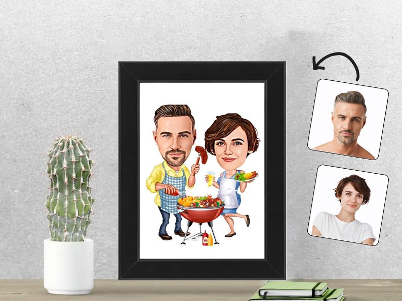 Gepersonaliseerde karikatuur van een stel in bbq, afgedrukt in een 13x18 cm fotolijst. Perfect cadeau voor kookliefhebbers en barbecuefans. Gepersonaliseerd origineel cadeau.