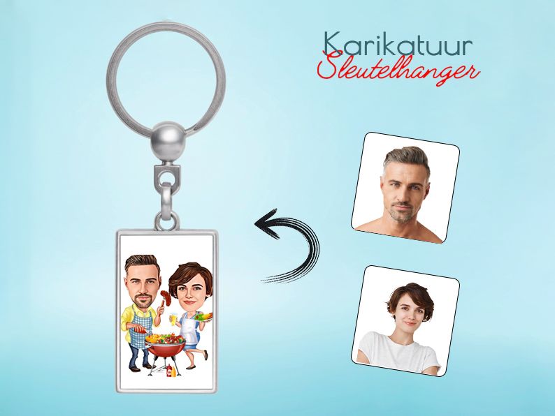 Gepersonaliseerde karikatuur sleutelhanger met een bbq-thema. Origineel cadeau voor kookliefhebbers en barbecuefans. Gepersonaliseerd origineel cadeau.