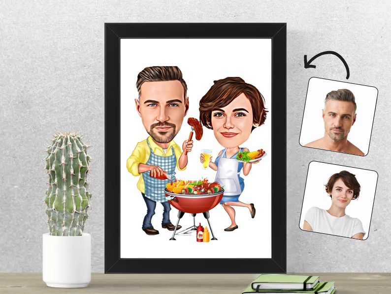 Gepersonaliseerde karikatuur van een stel in bbq, gedrukt in een 21x30 cm fotolijst. Perfect voor kookliefhebbers en barbecuefans. Gepersonaliseerd origineel cadeau.