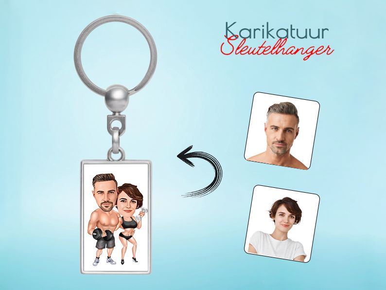 Gepersonaliseerde karikatuur sleutelhanger met een fitness-thema. Origineel cadeau voor sportieve koppels en fitnessfanaten. Gepersonaliseerd origineel cadeau.