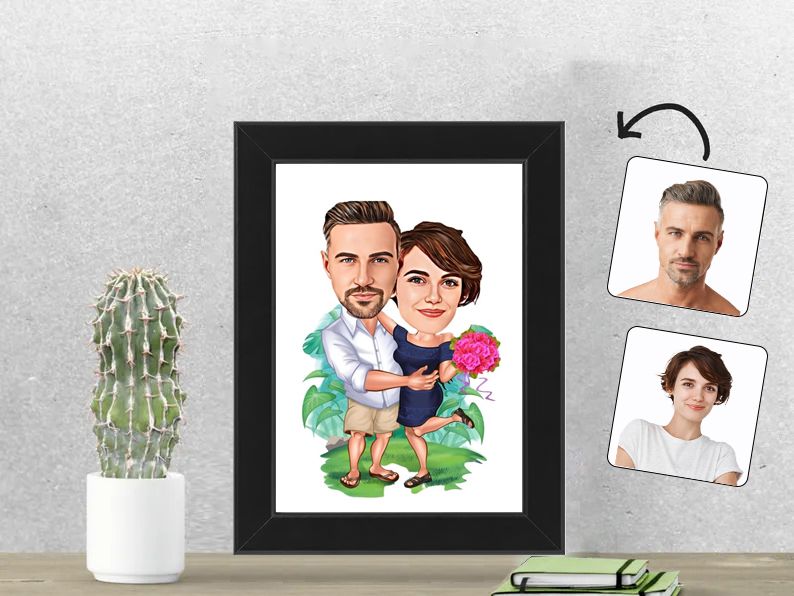 Gepersonaliseerde karikatuur van een stel in strandliefde, afgedrukt in een 13x18 cm fotolijst. Perfect cadeau voor romantische stellen en vakantieliefhebbers. Gepersonaliseerd origineel cadeau.