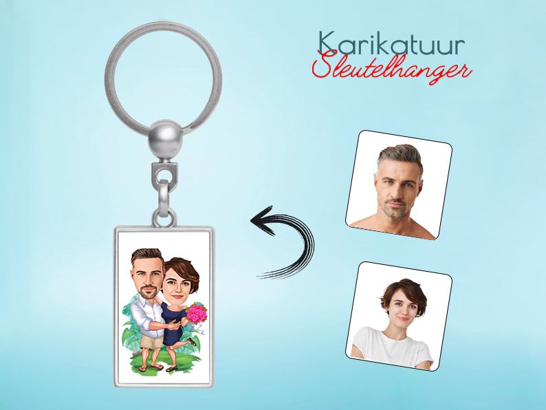 Gepersonaliseerde karikatuur sleutelhanger met een strandliefde-thema. Origineel cadeau voor romantische stellen en vakantieliefhebbers. Gepersonaliseerd origineel cadeau.