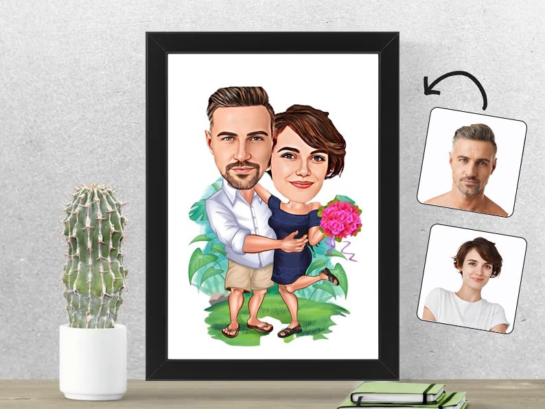 Gepersonaliseerde karikatuur van een stel in strandliefde, gedrukt in een 21x30 cm fotolijst. Perfect voor romantische stellen en vakantieliefhebbers. Gepersonaliseerd origineel cadeau.