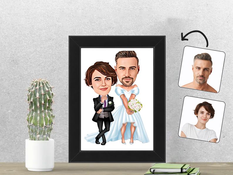 Gepersonaliseerde karikatuur van een stel in bruiloft, afgedrukt in een 13x18 cm fotolijst. Perfect cadeau voor bruidsparen en huwelijkscadeaus. Gepersonaliseerd origineel cadeau.