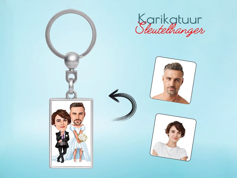 Gepersonaliseerde karikatuur sleutelhanger met een bruiloft-thema. Origineel cadeau voor bruidsparen en huwelijkscadeaus. Gepersonaliseerd origineel cadeau.