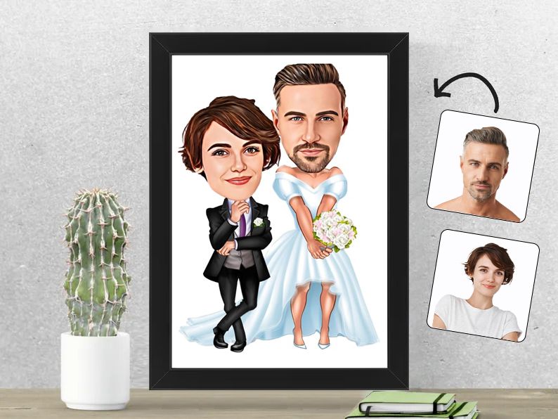 Gepersonaliseerde karikatuur van een stel in bruiloft, gedrukt in een 21x30 cm fotolijst. Perfect voor bruidsparen en huwelijkscadeaus. Gepersonaliseerd origineel cadeau.