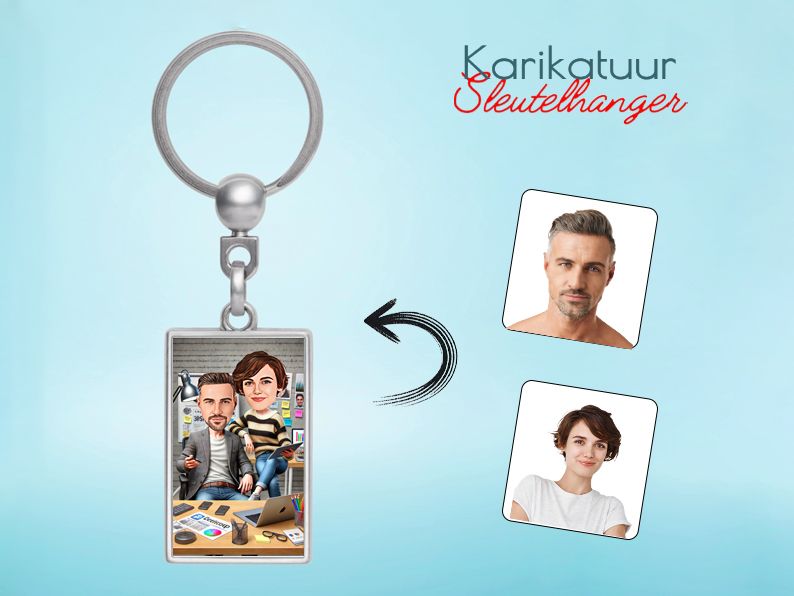 Gepersonaliseerde karikatuur sleutelhanger met een tech-thema. Origineel cadeau voor innovatieve ondernemers. gepersonaliseerd origineel cadeau