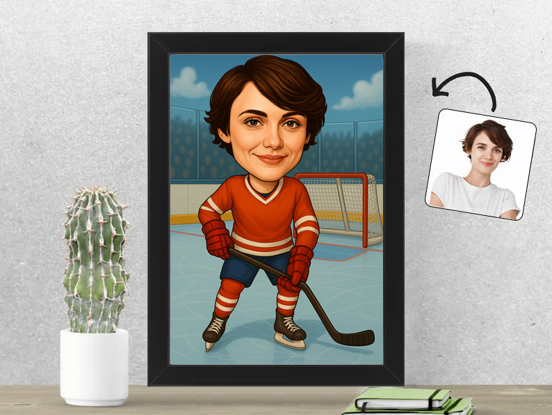 Gepersonaliseerde IJshockeyster karikatuur als Fotolijst 21x30 cm. Altijd een glimlach bij je met deze speelse karikatuur. Uniek cadeau voor sportliefhebbers. Bestel eenvoudig online.