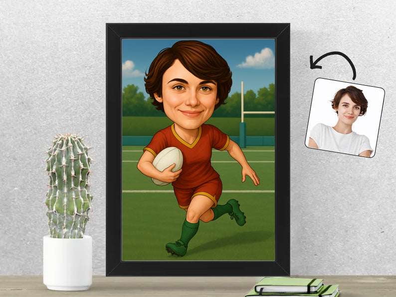 Gepersonaliseerde Rugbyspeelster karikatuur als Fotolijst 21x30 cm. Altijd een glimlach bij je met deze speelse karikatuur. Uniek cadeau voor sportliefhebbers. Bestel eenvoudig online.