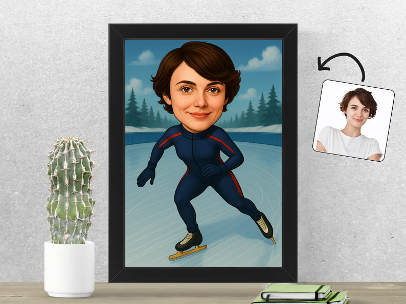 Gepersonaliseerde Schaatsster karikatuur als Fotolijst 21x30 cm. Altijd een glimlach bij je met deze speelse karikatuur. Uniek cadeau voor sportliefhebbers. Bestel eenvoudig online.