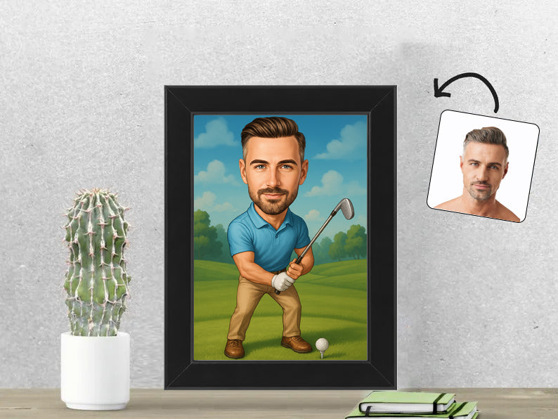 Gepersonaliseerde Golfer karikatuur als Fotolijst 13x18 cm. Altijd een glimlach bij je met deze speelse karikatuur. Uniek cadeau voor sportliefhebbers. Bestel eenvoudig online.