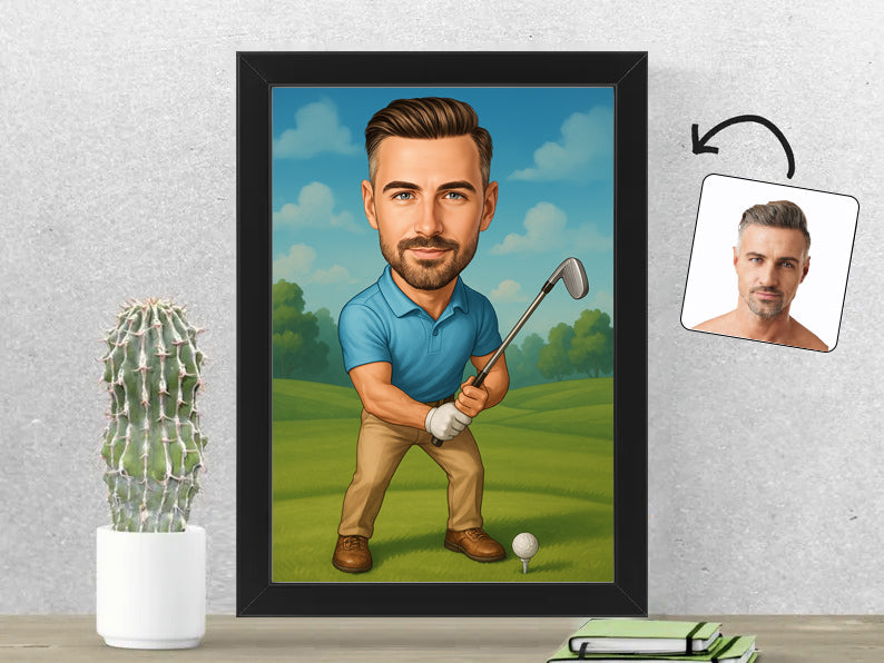 Gepersonaliseerde Golfer karikatuur als Fotolijst 21x30 cm. Altijd een glimlach bij je met deze speelse karikatuur. Uniek cadeau voor sportliefhebbers. Bestel eenvoudig online.