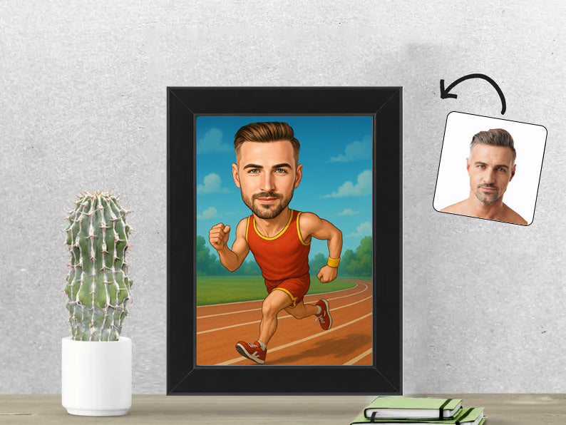 Gepersonaliseerde Hardloper karikatuur als Fotolijst 13x18 cm. Altijd een glimlach bij je met deze speelse karikatuur. Uniek cadeau voor sportliefhebbers. Bestel eenvoudig online.
