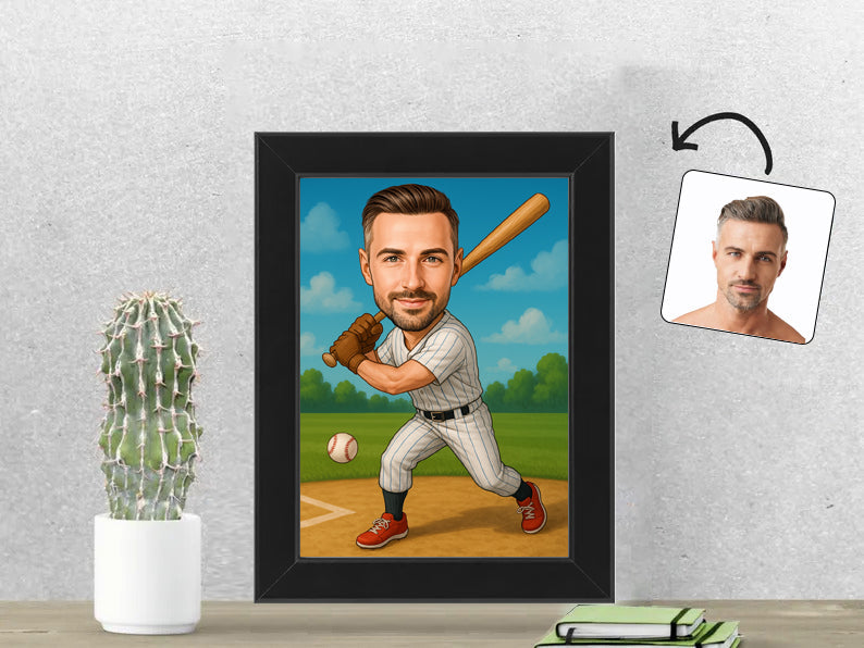 Gepersonaliseerde Honkballer karikatuur als Fotolijst 13x18 cm. Altijd een glimlach bij je met deze speelse karikatuur. Uniek cadeau voor sportliefhebbers. Bestel eenvoudig online.