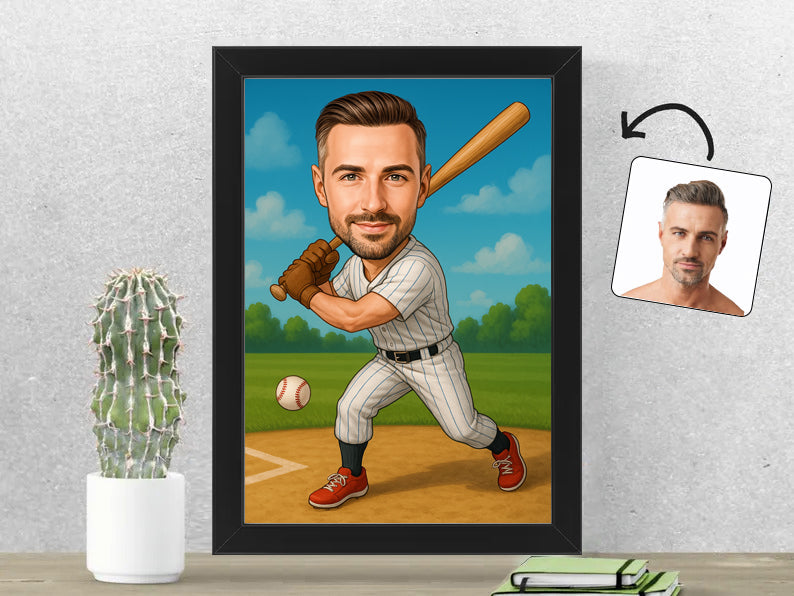 Gepersonaliseerde Honkballer karikatuur als Fotolijst 21x30 cm. Altijd een glimlach bij je met deze speelse karikatuur. Uniek cadeau voor sportliefhebbers. Bestel eenvoudig online.