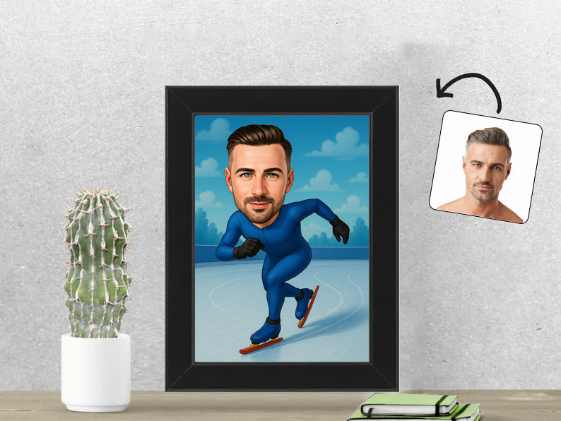 Gepersonaliseerde Schaatser karikatuur als Fotolijst 13x18 cm. Altijd een glimlach bij je met deze speelse karikatuur. Uniek cadeau voor sportliefhebbers. Bestel eenvoudig online.