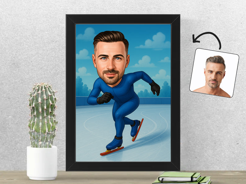 Gepersonaliseerde Schaatser karikatuur als Fotolijst 21x30 cm. Altijd een glimlach bij je met deze speelse karikatuur. Uniek cadeau voor sportliefhebbers. Bestel eenvoudig online.
