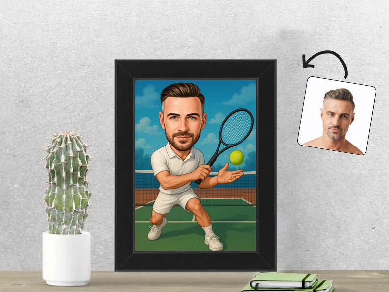 Gepersonaliseerde Tennisser karikatuur als Fotolijst 13x18 cm. Altijd een glimlach bij je met deze speelse karikatuur. Uniek cadeau voor sportliefhebbers. Bestel eenvoudig online.