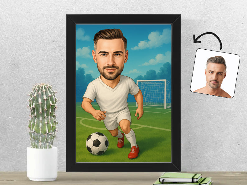 Gepersonaliseerde Voetballer karikatuur als Fotolijst 21x30 cm. Altijd een glimlach bij je met deze speelse karikatuur. Uniek cadeau voor sportliefhebbers. Bestel eenvoudig online.
