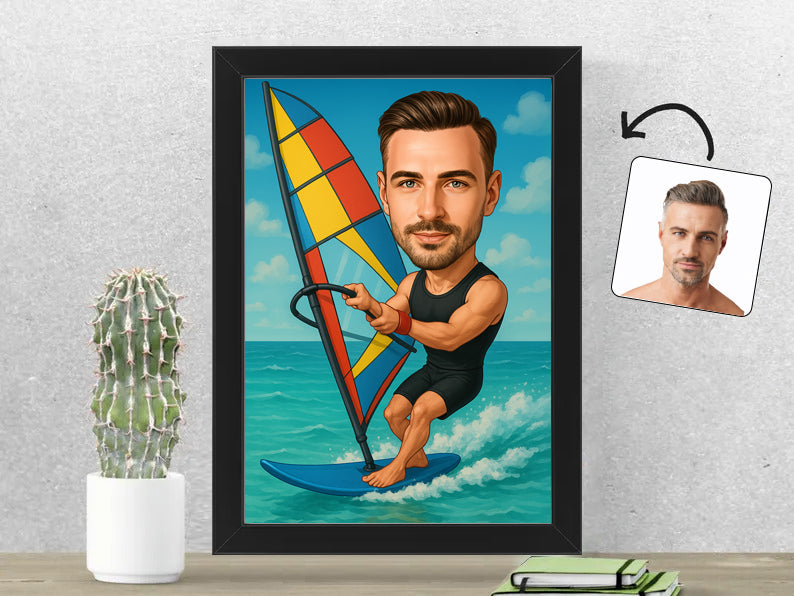 Gepersonaliseerde Windsurfer karikatuur als Fotolijst 21x30 cm. Altijd een glimlach bij je met deze speelse karikatuur. Uniek cadeau voor sportliefhebbers. Bestel eenvoudig online.