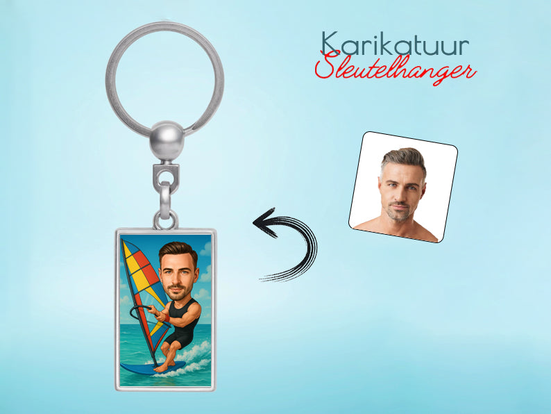 Gepersonaliseerde Windsurfer karikatuur als Sleutelhanger. Altijd een glimlach bij je met deze speelse karikatuur. Uniek cadeau voor sportliefhebbers. Bestel eenvoudig online.