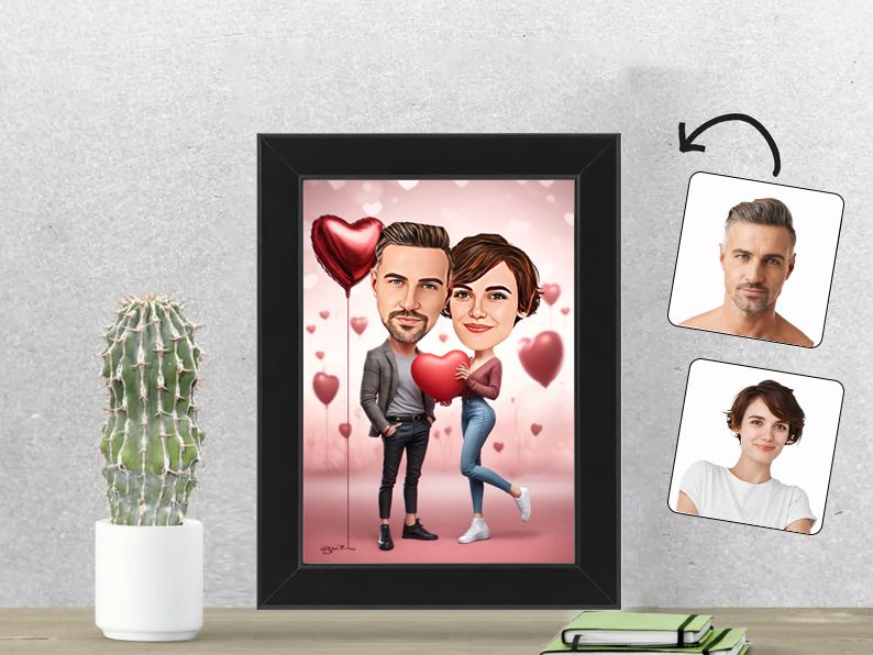 Gepersonaliseerde karikatuur van een verliefd stel met hartjes, gedrukt in een 13x18 cm fotolijst. gepersonaliseerd origineel cadeau
