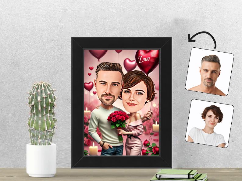 Gepersonaliseerde karikatuur van een verliefd stel met hartjes, gedrukt in een 13x18 cm fotolijst. Uniek cadeau voor stellen en speciale gelegenheden. gepersonaliseerd origineel cadeau