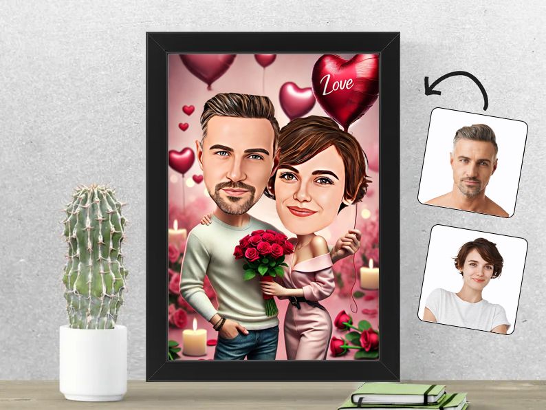 Gepersonaliseerde karikatuur van een verliefd stel met hartjes, romantisch en uniek, geprint in een 21x30 cm fotolijst. gepersonaliseerd origineel cadeau