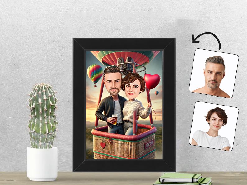 Gepersonaliseerde karikatuur van een stel in een romantische luchtballonvaart, afgedrukt in een 13x18 cm fotolijst. Perfect cadeau voor geliefden. gepersonaliseerd origineel cadeau