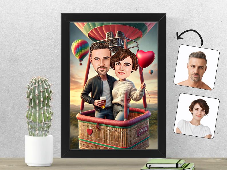 Karikatuur van een stel dat geniet van een romantische luchtballonvaart, geprint in een 21x30 cm fotolijst. Een uniek en liefdevol cadeau. gepersonaliseerd origineel cadeau