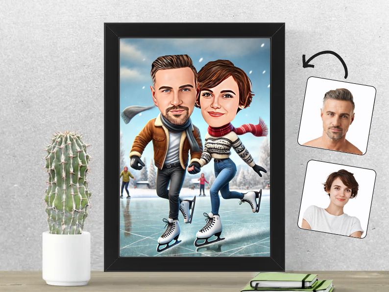 Karikatuur van een stel dat geniet van winterpret op het ijs, geprint in een 21x30 cm fotolijst. Een warm en uniek cadeau. gepersonaliseerd origineel cadeau