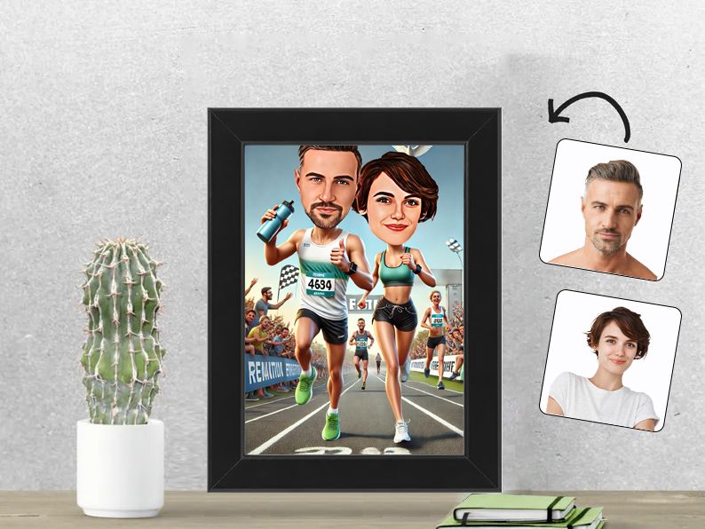 Gepersonaliseerde karikatuur van een sportief stel dat samen een marathon loopt, afgedrukt in een 13x18 cm fotolijst. Uniek cadeau voor sportliefhebbers. gepersonaliseerd origineel cadeau