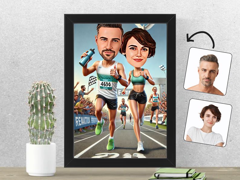 Gepersonaliseerde karikatuur van een stel dat samen een marathon rent, gedrukt in een 21x30 cm fotolijst. Perfect voor hardloopfans en sportieve stellen. gepersonaliseerd origineel cadeau