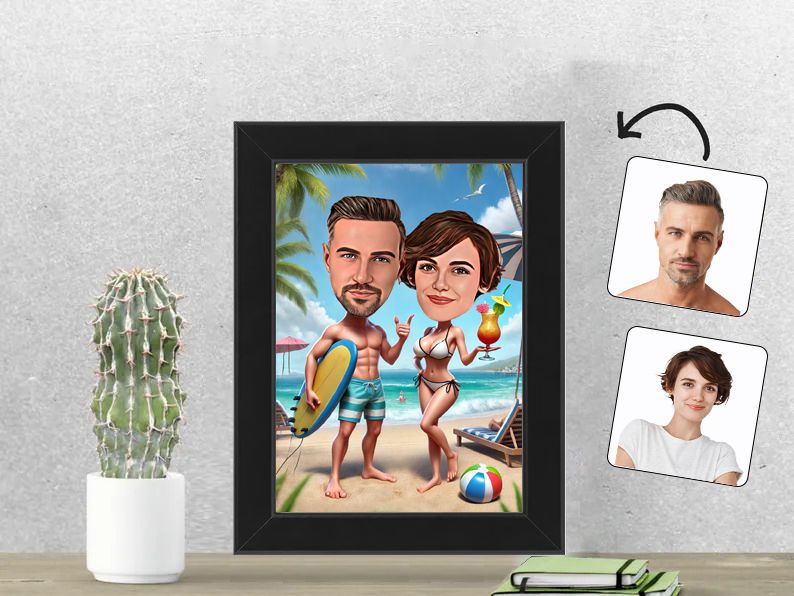 Gepersonaliseerde karikatuur van een stel op een zonnige strandvakantie, afgedrukt in een 13x18 cm fotolijst. Perfect cadeau voor vakantiegangers. gepersonaliseerd origineel cadeau