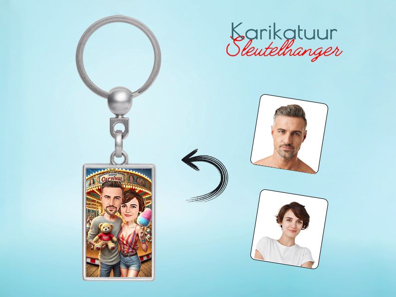 Gepersonaliseerde karikatuur sleutelhanger met een kermisthema. Uniek cadeau voor liefhebbers van pretparken en kermissen. gepersonaliseerd origineel cadeau