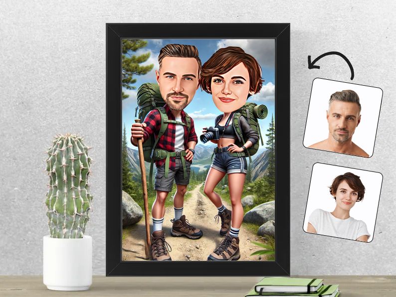 Gepersonaliseerde karikatuur van een stel dat geniet van de natuur, gedrukt in een 21x30 cm fotolijst. Perfect voor natuurliefhebbers en reizigers. gepersonaliseerd origineel cadeau