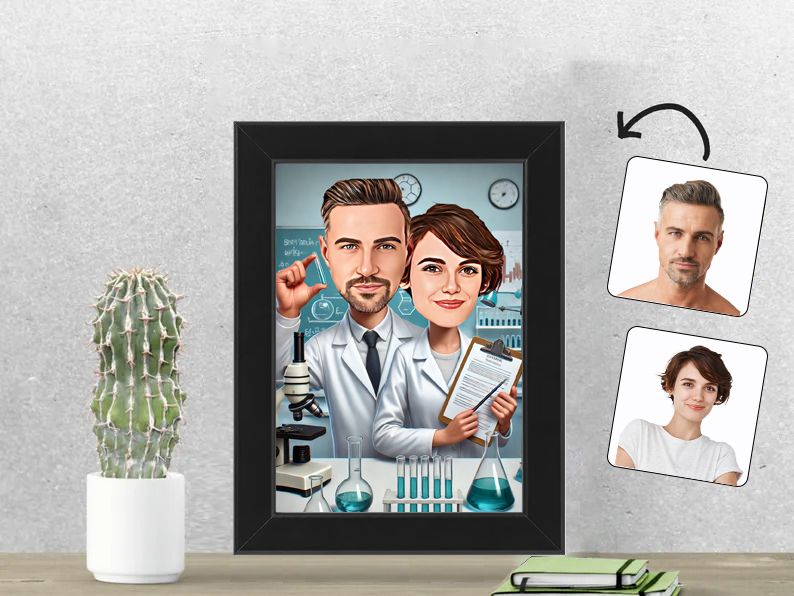 Gepersonaliseerde karikatuur van een stel met een passie voor wetenschap, afgedrukt in een 13x18 cm fotolijst. Uniek cadeau voor intellectuele stellen. gepersonaliseerd origineel cadeau