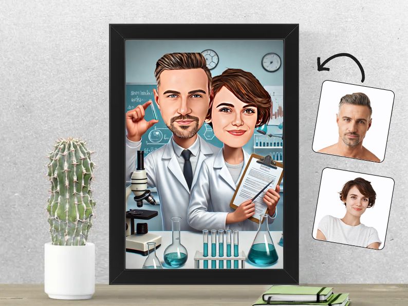 Gepersonaliseerde karikatuur van een stel met een wetenschappelijke en intellectuele sfeer, gedrukt in een 21x30 cm fotolijst. gepersonaliseerd origineel cadeau