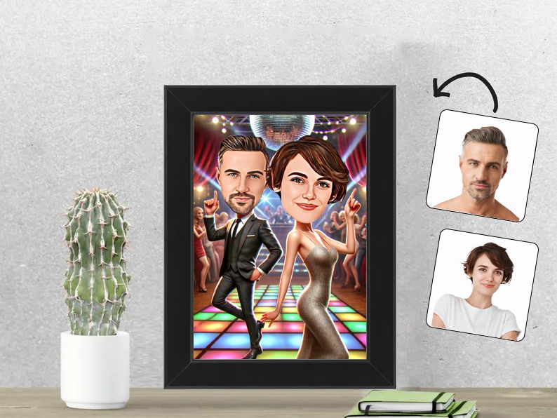 Gepersonaliseerde karikatuur van een stel dat geniet van een feestelijk dansfeest, afgedrukt in een 13x18 cm fotolijst. Perfect cadeau voor feestgangers. gepersonaliseerd origineel cadeau