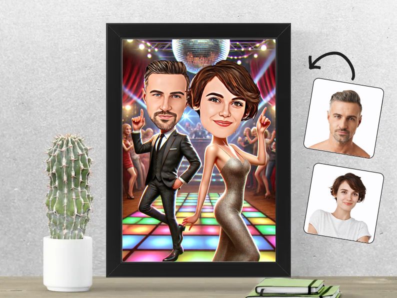 Gepersonaliseerde karikatuur van een stel dansend op een feestelijke avond, gedrukt in een 21x30 cm fotolijst. Ideaal voor muziek- en dansliefhebbers. gepersonaliseerd origineel cadeau