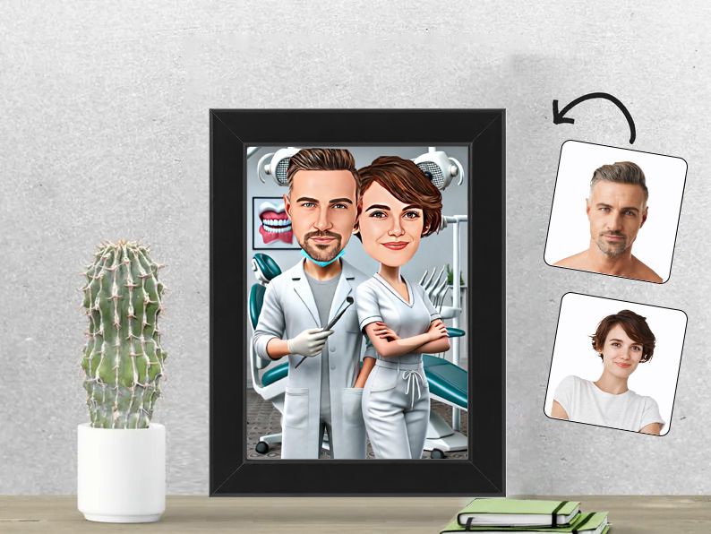 Gepersonaliseerde karikatuur van een tandartsstel in hun praktijk, afgedrukt in een 13x18 cm fotolijst. Uniek cadeau voor tandartsen en medische professionals. gepersonaliseerd origineel cadeau