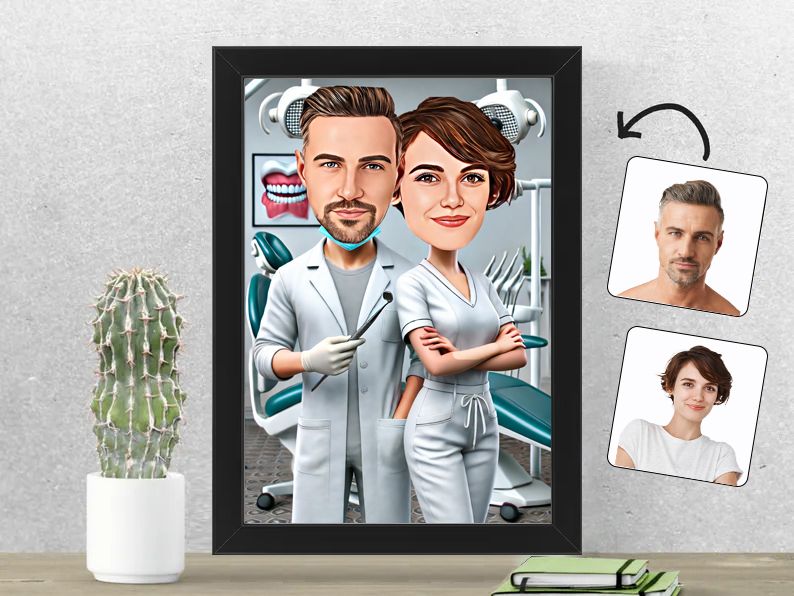 Gepersonaliseerde karikatuur van een stel in een tandartspraktijk, gedrukt in een 21x30 cm fotolijst. Perfect geschenk voor tandheelkundigen. gepersonaliseerd origineel cadeau