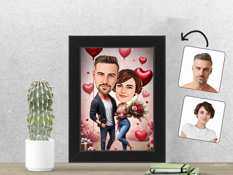 Gepersonaliseerde karikatuur van een verliefd stel met Valentijnsdecoratie, afgedrukt in een 13x18 cm fotolijst. Perfect cadeau voor geliefden. gepersonaliseerd origineel cadeau