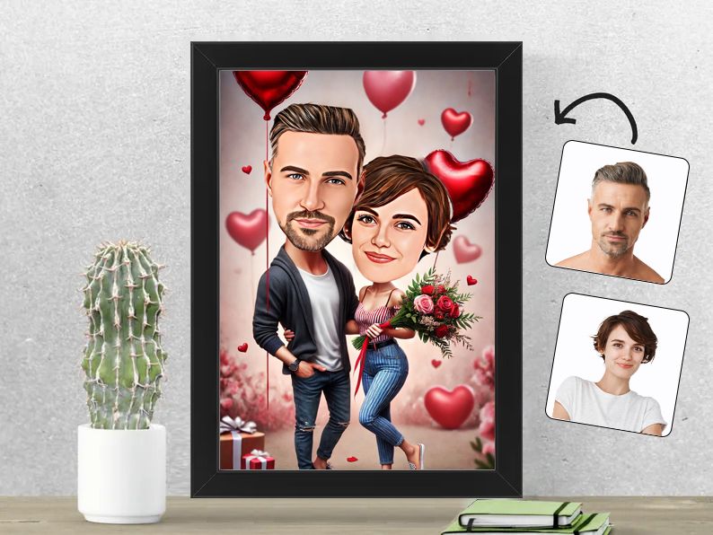 Gepersonaliseerde karikatuur van een stel in een romantische Valentijnssfeer, gedrukt in een 21x30 cm fotolijst. Ideaal voor stellen. gepersonaliseerd origineel cadeau