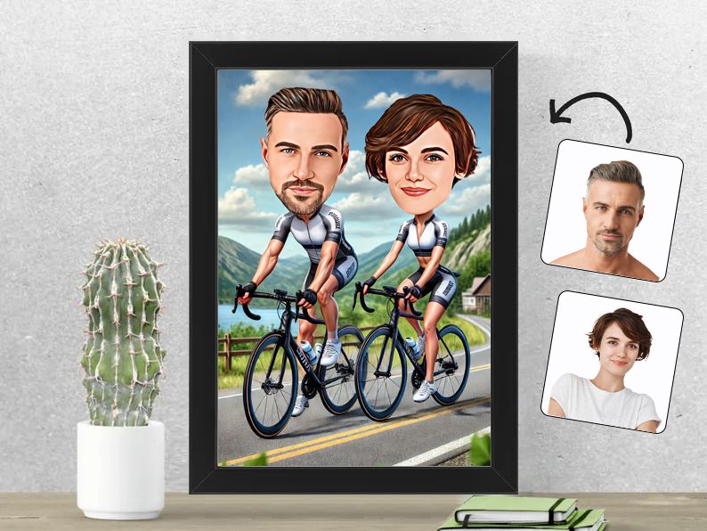 Gepersonaliseerde karikatuur van een stel fietsend door de natuur, gedrukt in een 21x30 cm fotolijst. Ideaal voor fiets- en outdoorliefhebbers. gepersonaliseerd origineel cadeau