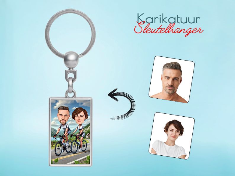 Gepersonaliseerde karikatuur sleutelhanger met een fietsthema. Origineel cadeau voor sportieve en avontuurlijke stelletjes. gepersonaliseerd origineel cadeau